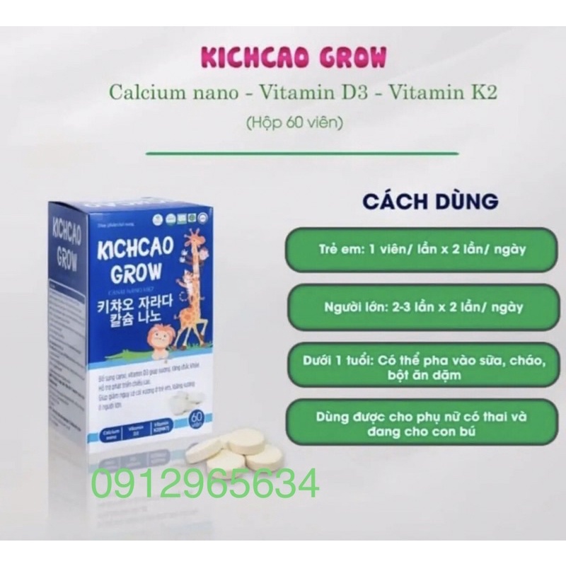 Kẹo Canxi Kichcao Grow chắc răng chắc xương tăng chiều cao bổ sung canxi cho bé 60 viên chính hãng