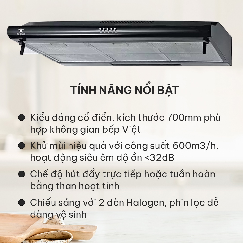 Máy hút mùi cổ điển Pramie CL9B-700 máy hút mùi bếp âm có bộ lọc khử mùi than hoạt tính, chống ồn, hoạt động êm ái