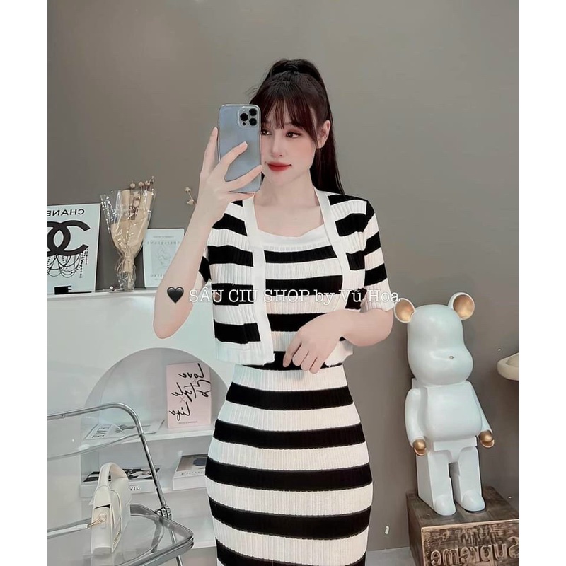 SET LEN 2 CHI TIẾT: VÁY 2 DÂY DÁNG DÀI BODY VÀ ÁO KHOÁC CARDIGAN CỘC TAY DÁNG CROPTOP, CÙNG TÔNG MÀU, HÀNG QC LOẠI 1
