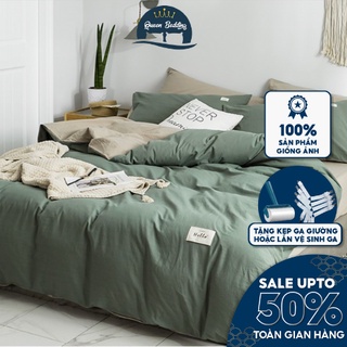 Bộ Chăn ga Gối Cotton Tici Phong Cách Nhật Bản Màu Xanh Bộ Đội - Set 4 Món Đủ Size, Bo Chun Miễn Phí