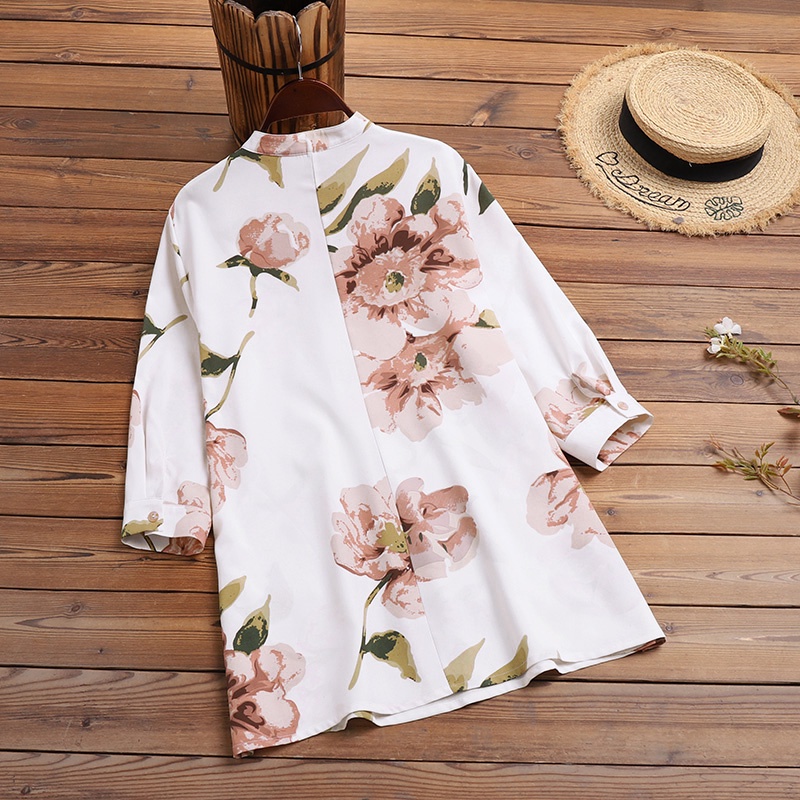 Áo sơ mi ZANZEA tay dài 3/4 dáng rộng cài khuy in hoa phong cách retro thời trang cho nữ