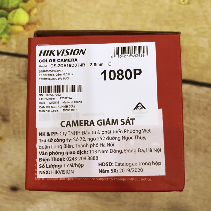 Camera Hikvision DS-2CE16D0T-IR 2MP Ngoài trời Hồng ngoại 20m