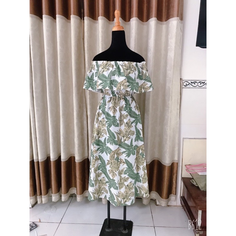Set áo váy đôi hoạ tiết lá xanh maxi bèo vai chun eo đi biển dễ thương Forever Couple Store (giá gồm áo và váy) | BigBuy360 - bigbuy360.vn
