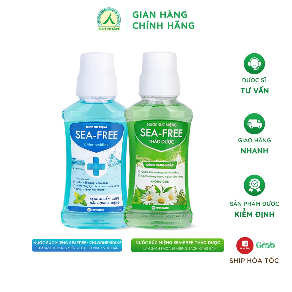 Combo 2 chai nước súc miệng diệt khuẩn Sea-free thảo dược và Chlorhedixine - 250ml/chai bảo vệ răng miệng toàn diện