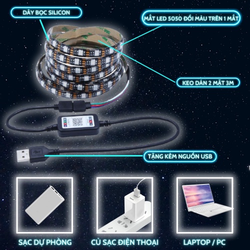 Cuộn dây đèn led Tiktok, LED RGB 5050 điều khiển thông minh 16 triệu màu, led dán tường thông minh