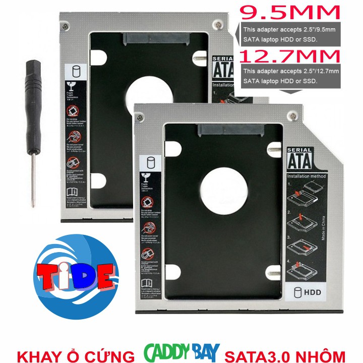 Caddy Bay vỏ nhôm cho SSD và HDD 2,5” - Size: 9.5mm và 12.7mm – Khay ổ cứng thay thế ổ DVD