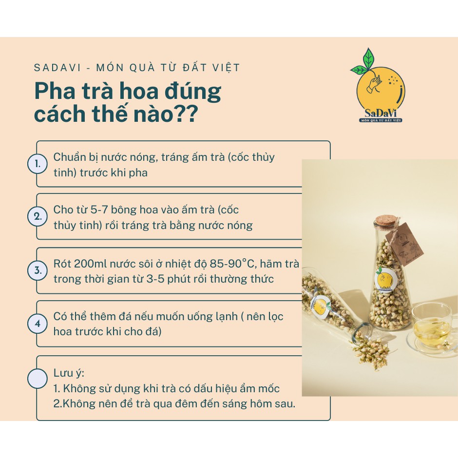 Trà Hoa Nhài/ Trà Nụ Nhài Nguyên bông SaDaVi - Hũ tròn 180ml - Tặng kèm gói cỏ ngọt