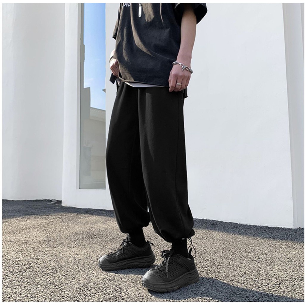 Quần thun đen xám ống rộng ống suông phong cách unisex thể thao kẻ sọc