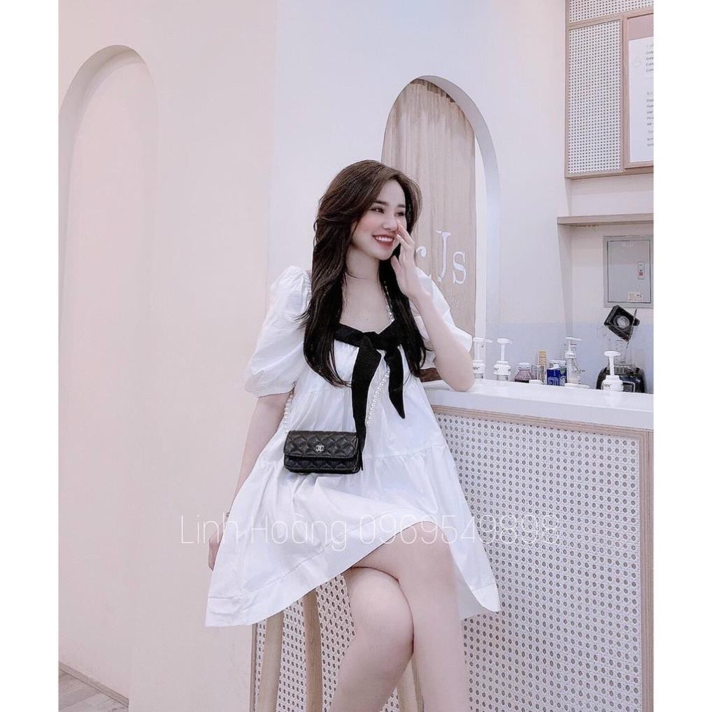 Đầm Nữ Dáng Suông Bánh Bèo Phối Màu Trắng Tinh Cổ Vuông Kết Nơ Xinh  -TOMGB