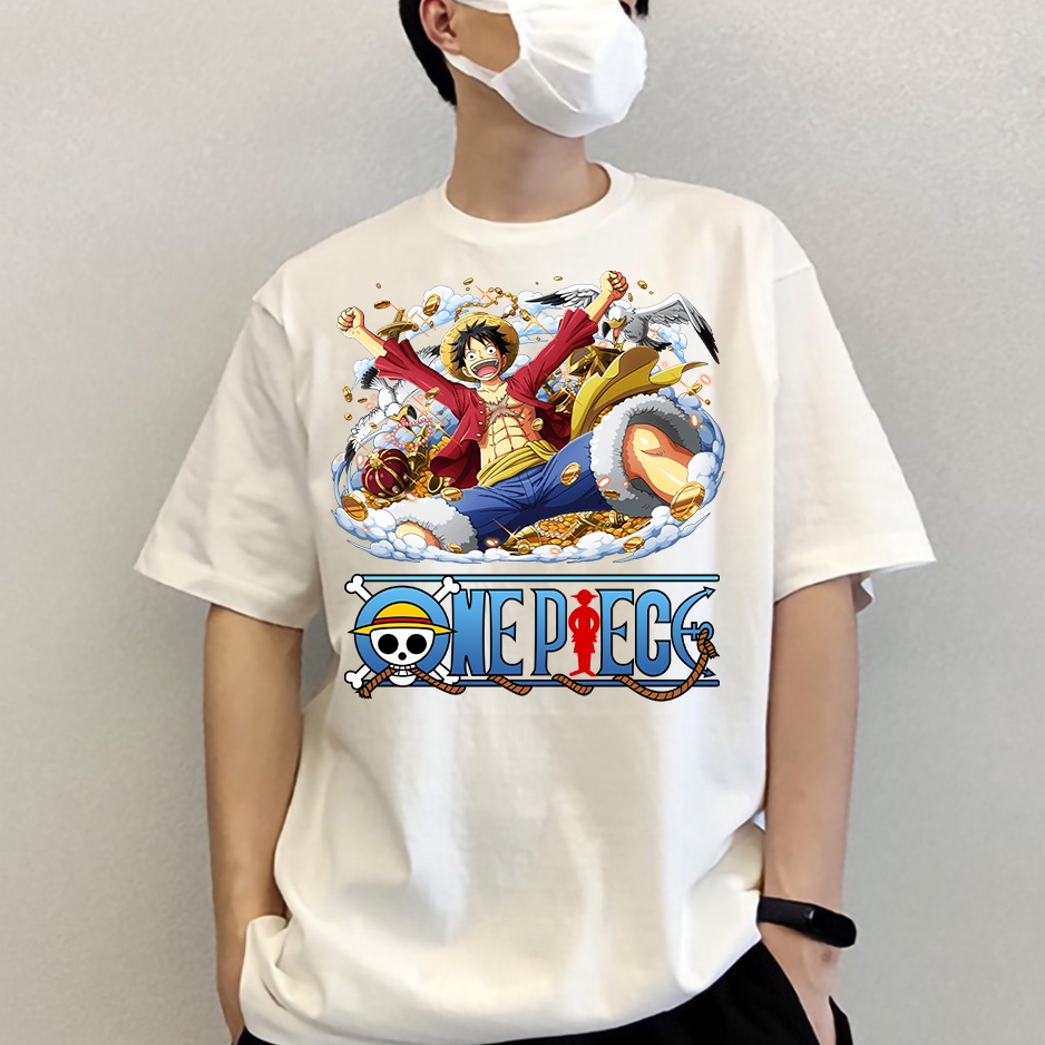 Áo thun nam nữ tay lỡ vải cotton form rộng màu trắng Hạ Băng Designs - Luffy 001