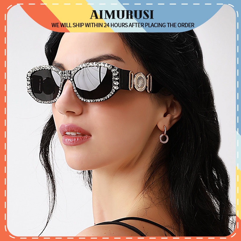 (AIMURUSI) COD Kính Mát Gọng Oval Đính Đá Thời Trang Phương Tây Cho Nữ