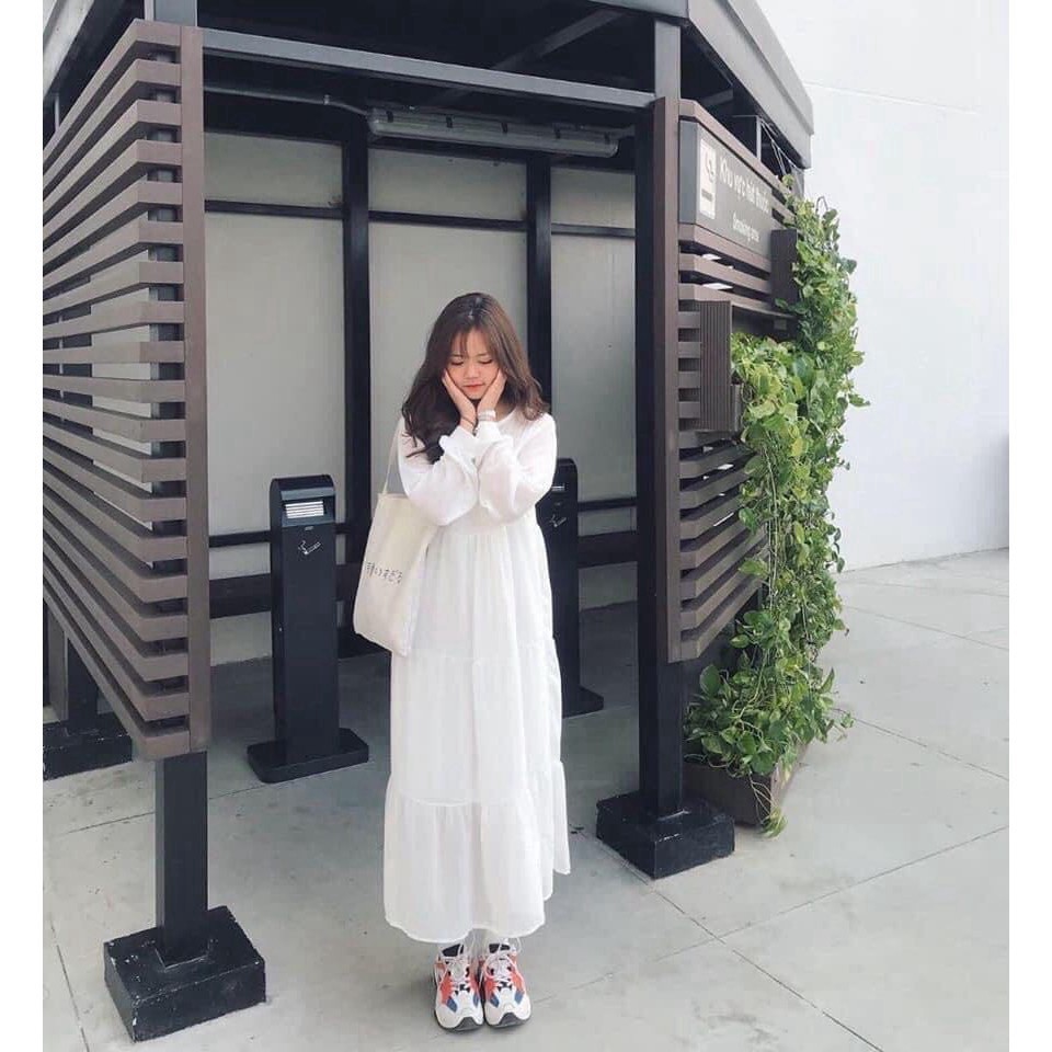 Váy trắng dài tay vintage / Váy babydoll dáng dài | BigBuy360 - bigbuy360.vn
