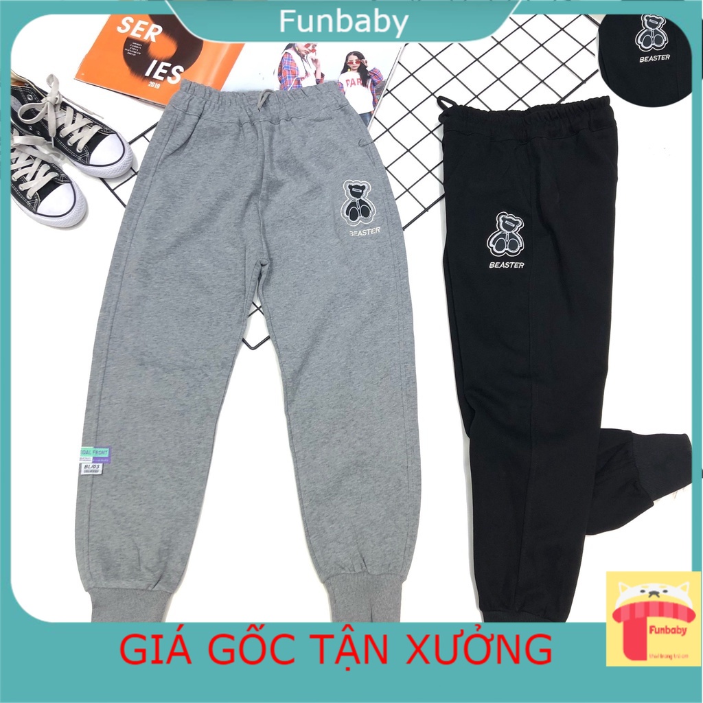 Quần nỉ cho bé 8-16 tuổi thêu Gấu, Quần ống rộng dáng thể thao bé gái dày dặn không bai xù