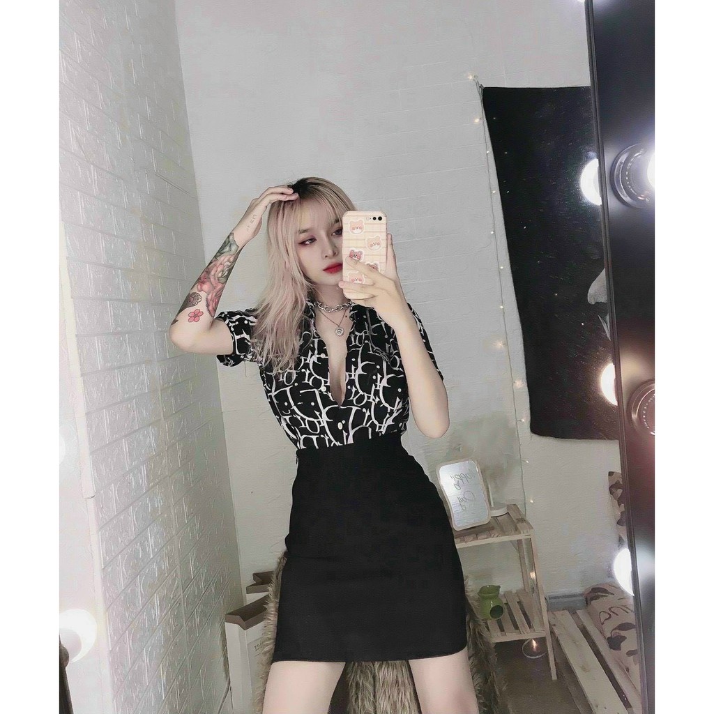 Áo sơ mi tay ngắn in chữ hiệu to nhỏ cực xinh , chất lụa mềm mịn mát