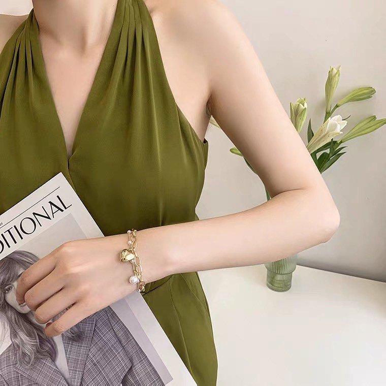 Vòng tay chuỗi ngọc trai hai lớp mặt hình trái tim đơn giản cho nữ