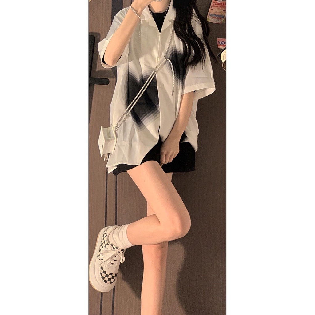 Áo Sơ Mi Tay Ngắn Cổ Polo Dáng Rộng In Họa Tiết Trái Tim Thời Trang Hàn Quốc Cho Nữ