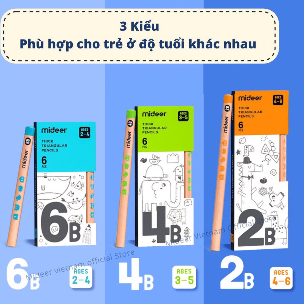 Bộ bút Chì 2B 4B 6B hộp 6 bút chì Mideer Thick Triangular Pencils, Đồ dùng dụng cụ học tập