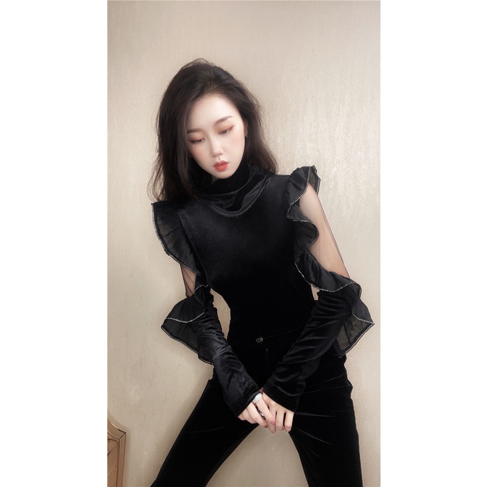 Áo kiểu vải nhung dài tay dáng ôm thiết kế khoét rỗng thời trang mùa thu mới quyến rũ cho nữ