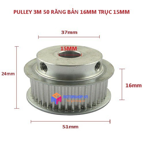 MTS Puly Bánh Răng Nhôm 3M 50 Răng Bản 16mm Trục 10mm, 12mm, 15mm