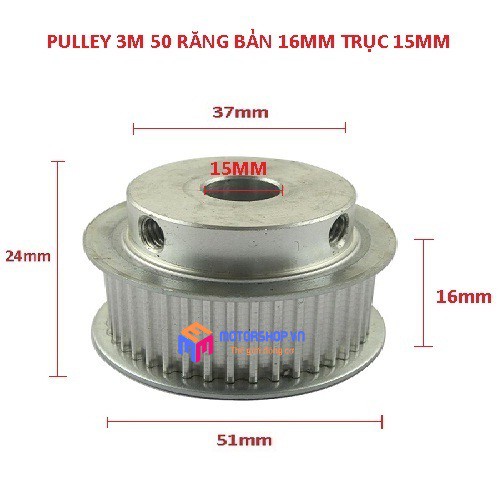 Puly Bánh Răng Nhôm 3M 50 Răng Bản 16mm Trục 10mm, 12mm, 15mm