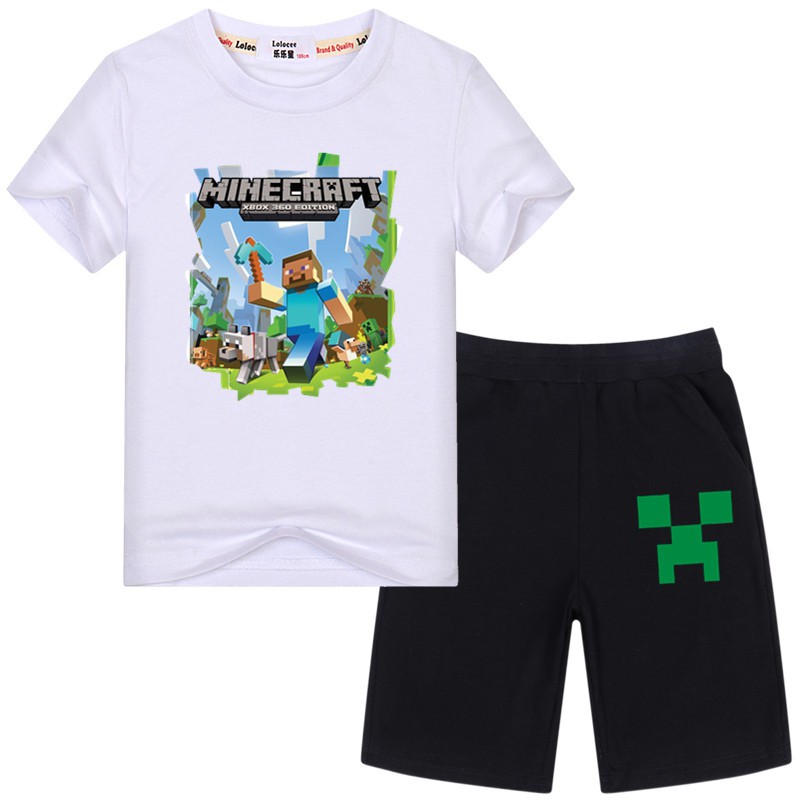 Bộ Đồ Bé Trai 2 Món Gồm Áo Thun + Quần Short Phong Cách Minecraft