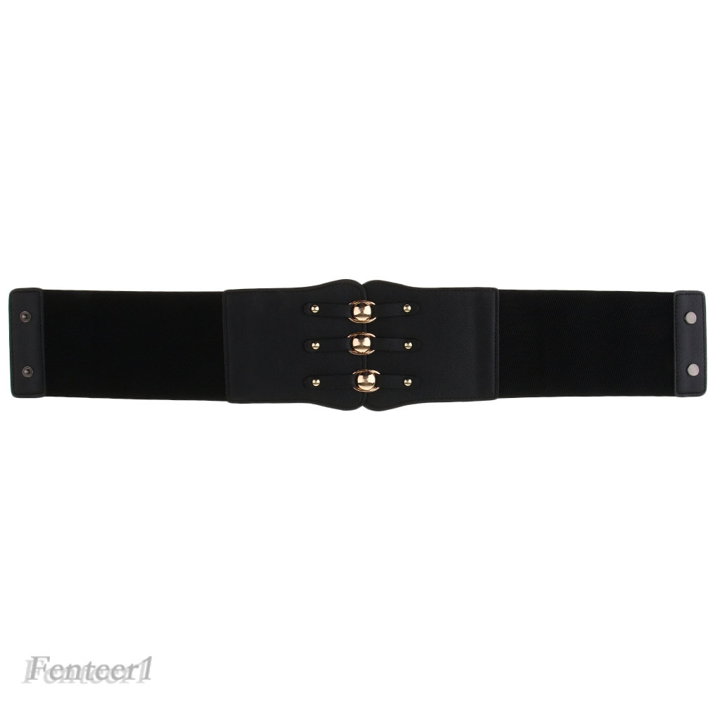 Thắt lưng da bản rộng co giãn phối khóa và đinh tán kim loại màu vàng phong cách vintage thời trang cho phụ nữ