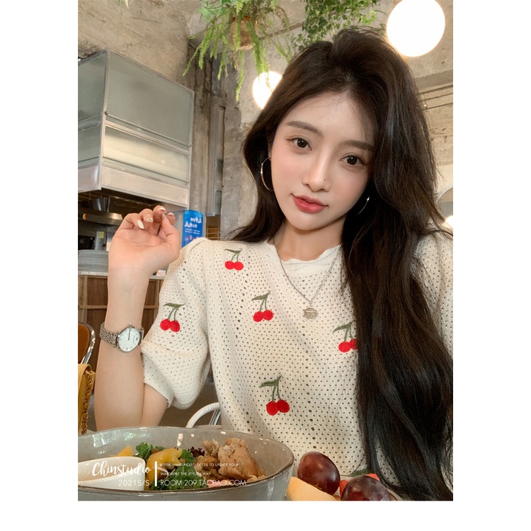 DUNEA Set đồ gồm áo dệt kim cổ chữ V thêu hình trái cherry + chân váy thời trang gợi cảm
