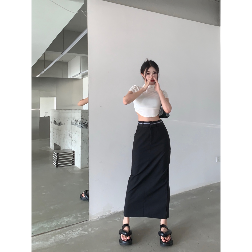 Bộ Áo Ngắn / Chân Váy Lưng Cao Xẻ Tà Đơn Giản Thời Trang Dành Cho Nữ