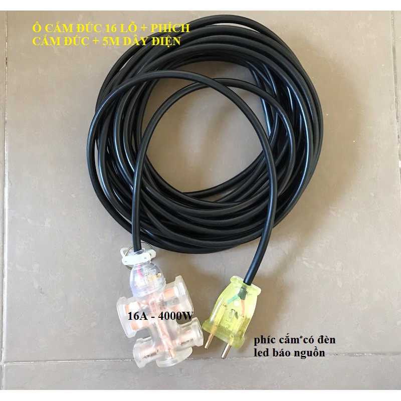 Dây điện 5m kèm Ổ cắm,Phích cắm đúc Chịu tải,Chịu va đập 16A/4000w