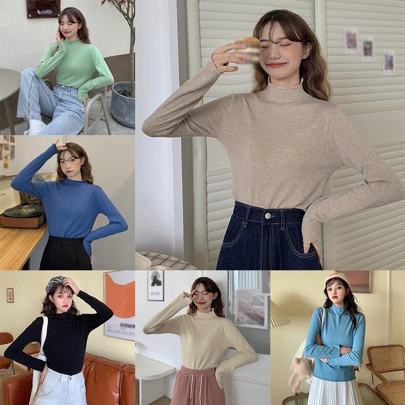 Áo thun tay dài cổ lọ màu trơn đơn giản thời trang hàn quốc cho nữ