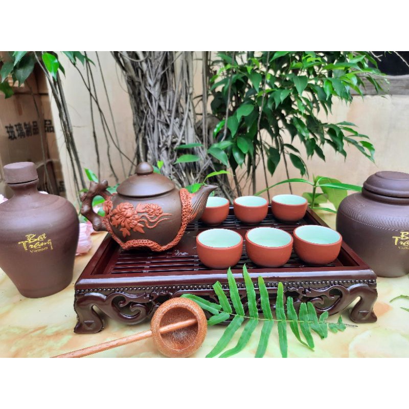 [Tặng 2 chén] Bộ Ấm Chén Tử Sa Bát Tràng Trạm Hoa Nổi Cực Sang Trọng, Tinh Tế.