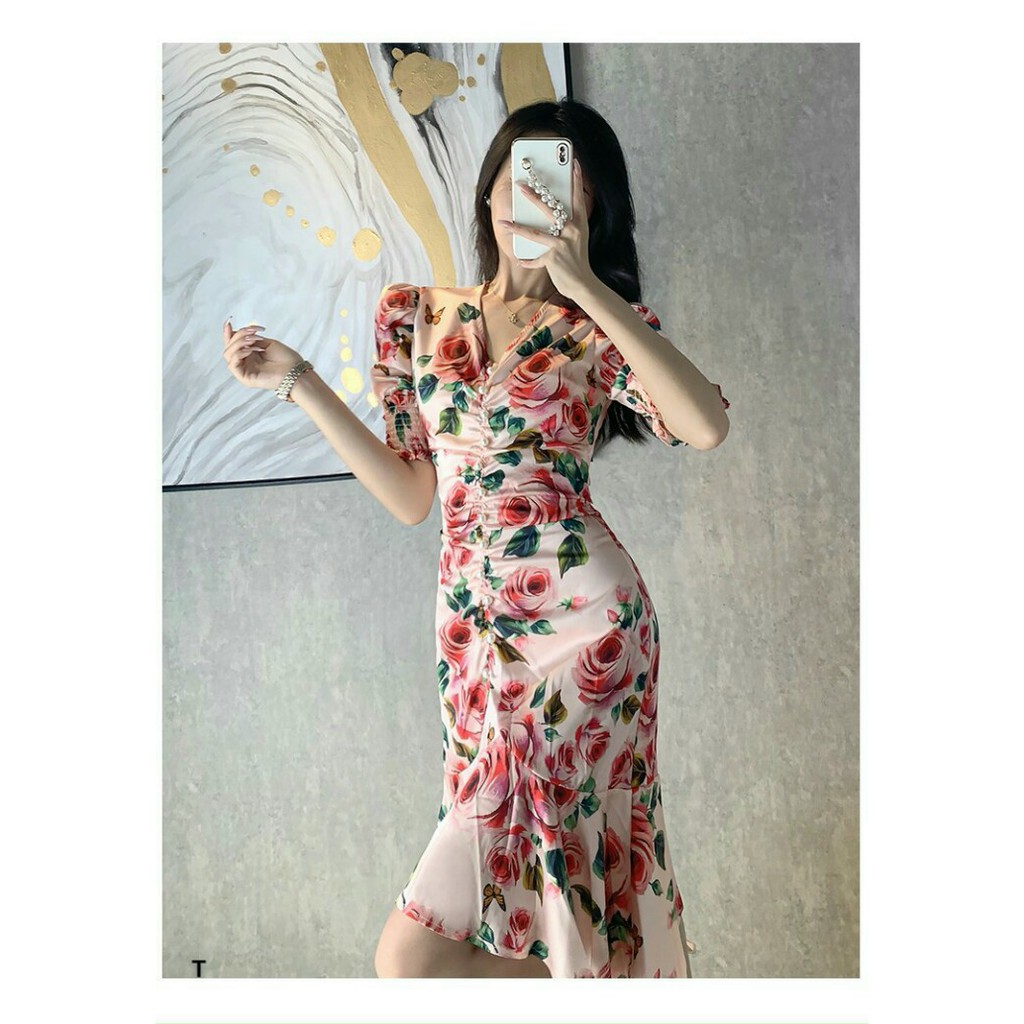 Đầm body lụa hoa đuôi cá - Mua đầm ôm lụa đi tiệc đẹp
