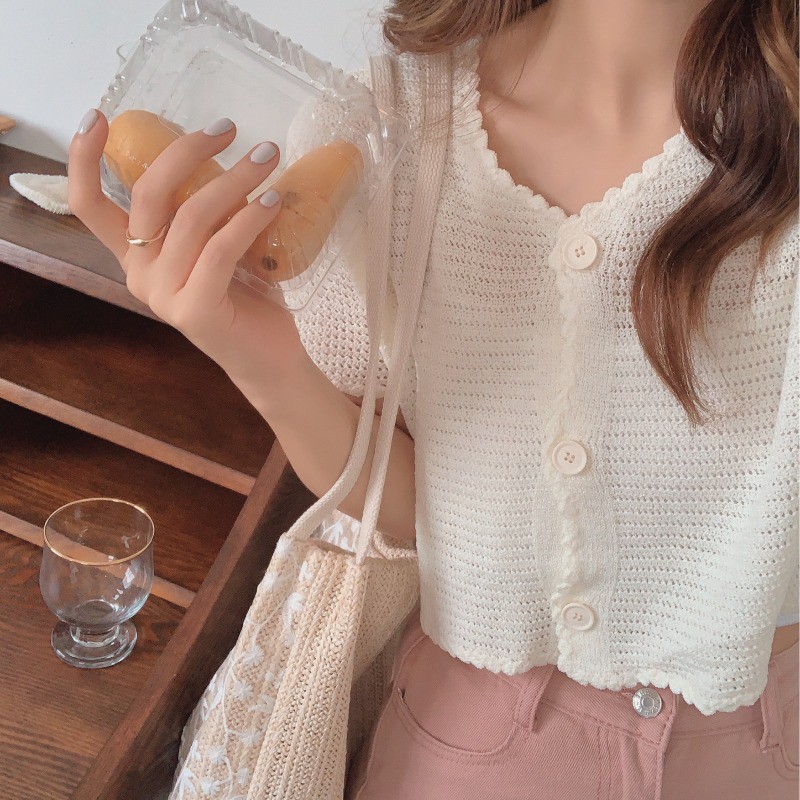 [CÓ SẴN] Áo khoác kiểu len mỏng tay ngắn cài nút màu trắng phom lửng CARDIGAN