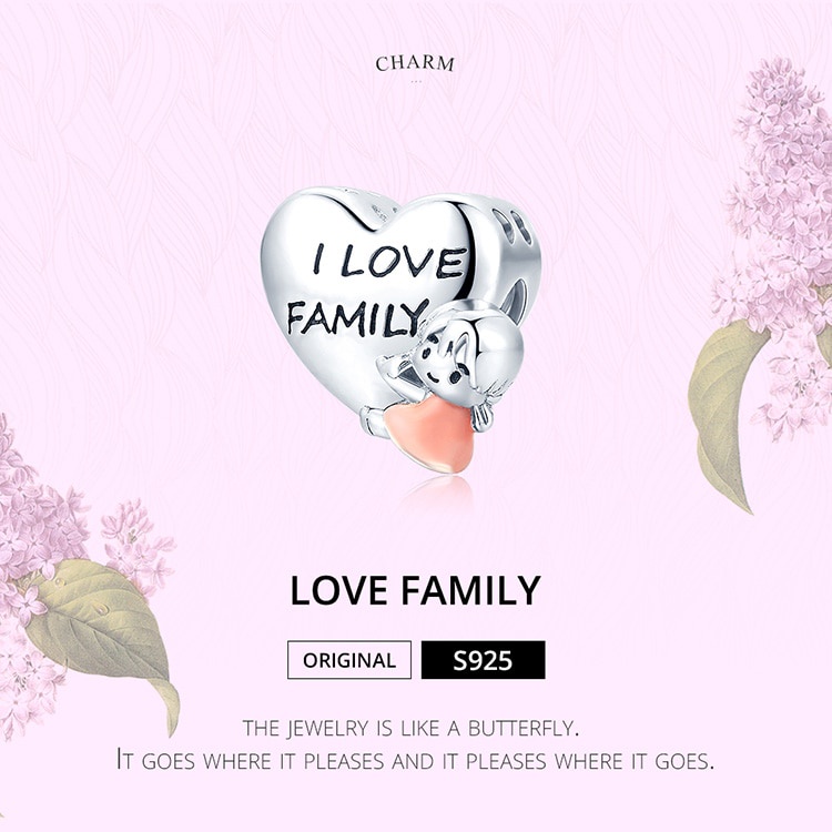 Charm trang sức Bamoer BSC478 hình trái tim khắc chữ I Love Family dùng làm vòng tay dành cho nữ và trẻ em