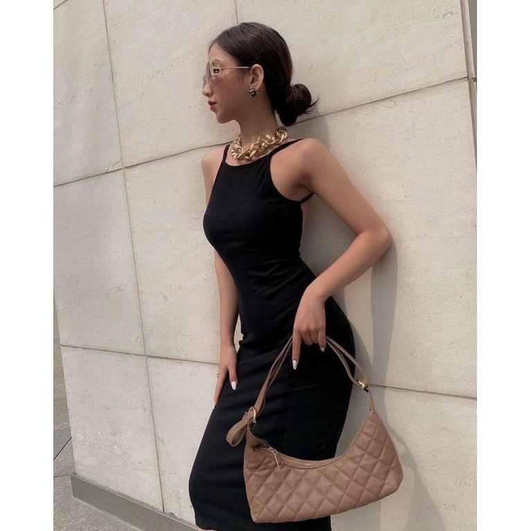 Đầm hai dây ôm body hở lưng PINKSTORE29, dáng dài qua gối phong cách PHÁP D072