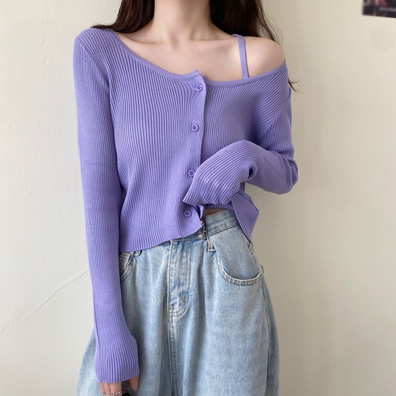 Áo Cardigan Dệt Kim Tay Dài Thiết Kế Lệch Vai Quyến Rũ Cho Nữ | BigBuy360 - bigbuy360.vn