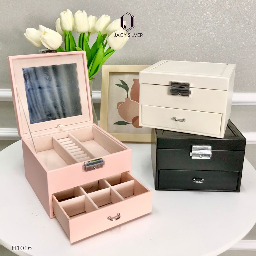 Hộp da đựng trang sức, dây chuyền, nhẫn, khuyên tai 2 tầng kèm gương H1016