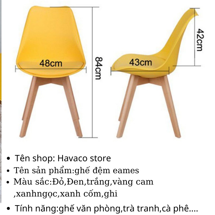 Ghế đệm Eames Nhập Khẩu hàng cao câp Chân Gỗ To, chắc chắn, Đủ Màu