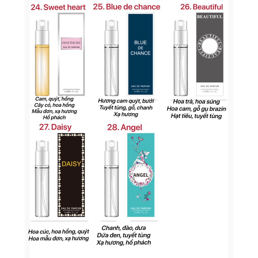 [NH02] [3ml] Nước Hoa Nữ Mini, Nước Hoa Mini Dạng Xịt Nhiều Mùi Hương Thơm Đa Dạng Lựa Chọn | Thế Giới Skin Care