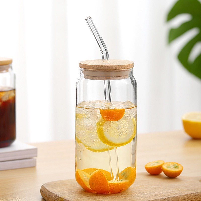 Ly Thủy Tinh Chịu Nhiệt có Nắp Tre và Có Ống Hút Thủy Tinh 500ml - Gia dụng Thu Hương