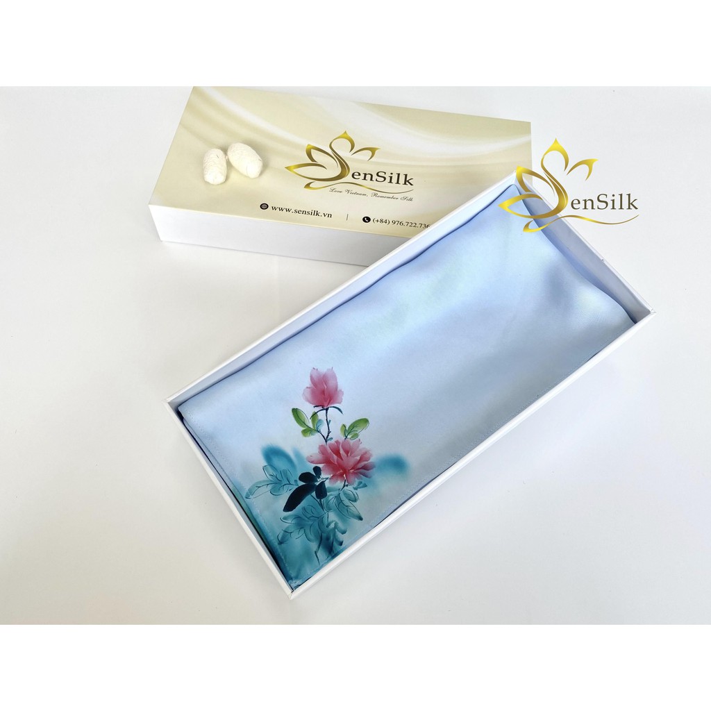 Khăn Lụa Vẽ Tay SenSilk Hoa Mẫu Đơn Đỏ 55x55cm, Quà Tặng Mẹ Yêu, Nơ Cổ Bằng Lụa Cao Cấp