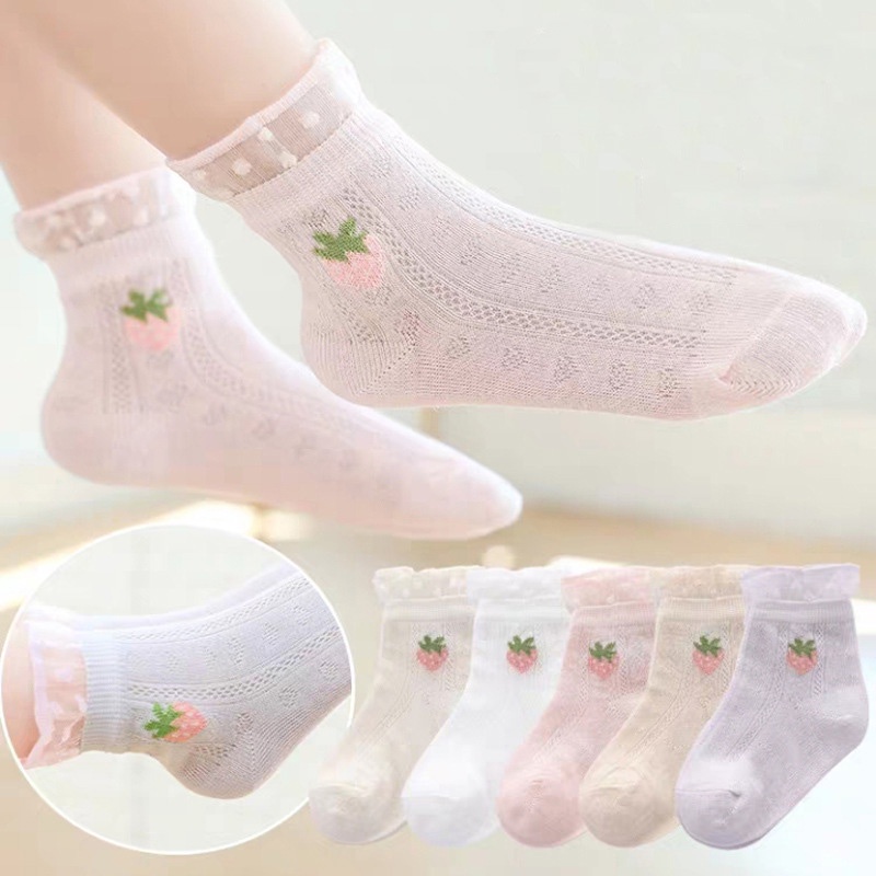 Set 5 Đôi Tất Lưới Thoáng Khí In Họa Tiết Hoạt Hình Dễ Thương Cho Bé 0-2 Tuổi