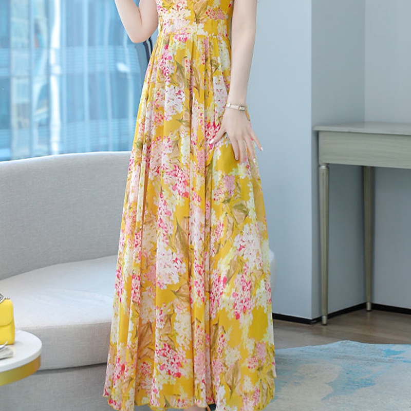 Đầm Maxi Tay Ngắn Cổ Vuông In Hoa Phong Cách Boho Thời Trang Cho Nữ