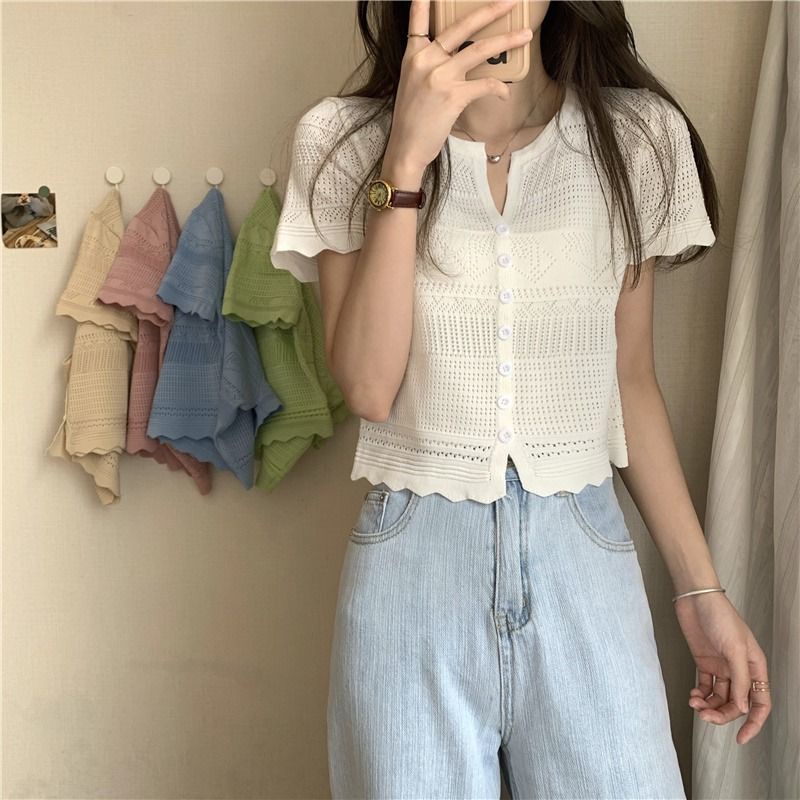 Áo Cardigan Dệt Kim Mỏng Tay Ngắn Màu Trắng Đơn Giản Trẻ Trung