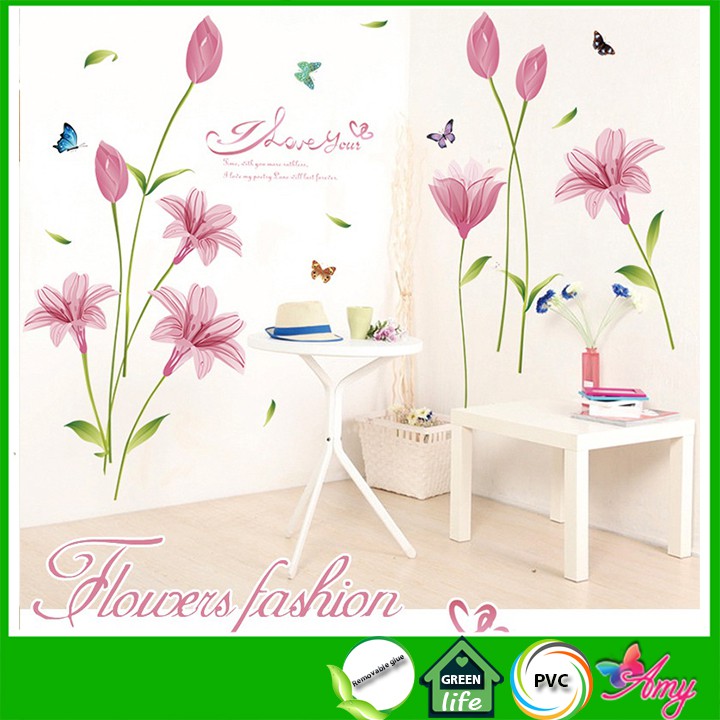 Decal dán tường Hoa anh thảo hồng AmyShop DH097 ( 85 x 160 cm)