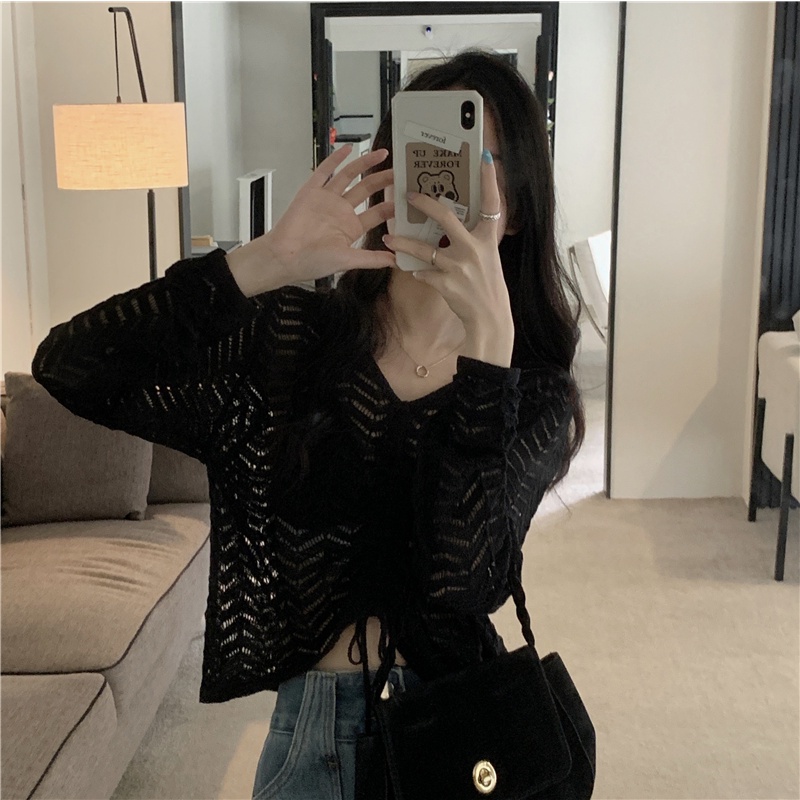 Áo Croptop Dệt Kim Thiết Kế Dây Rút Phong Cách Hàn Quốc Thời Trang Mùa Thu Quyến Rũ Cho Nữ