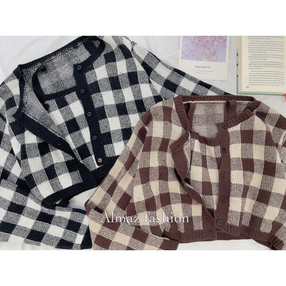Set áo len cardigan kẻ caro kèm áo 2 dây sang chảnh siêu xinh siêu hot