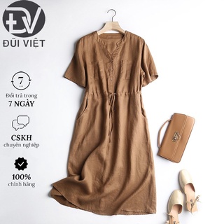 Đầm váy sơ mi thắt eo - Váy linen cổ V dáng suông dài vintage Đũi Việt