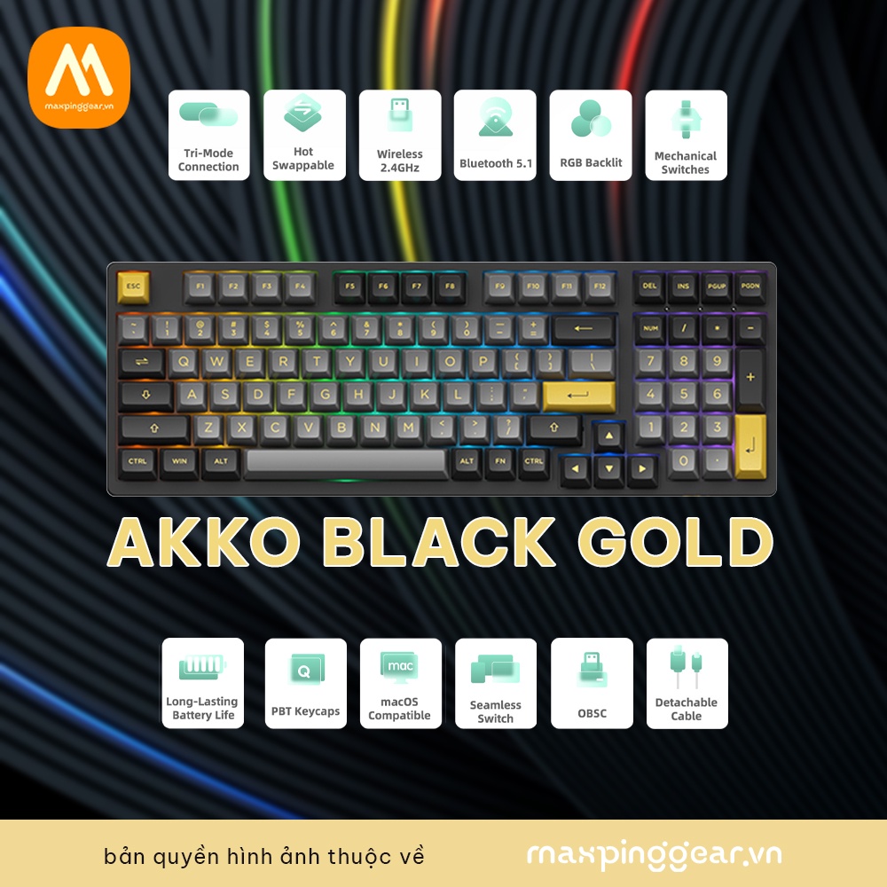 Bàn phím cơ AKKO 3098B Multi-modes Black Gold (Bluetooth 5.0 / Wireless 2.4Ghz / Hotswap / Foam tiêu âm / Foam đáy / AKK