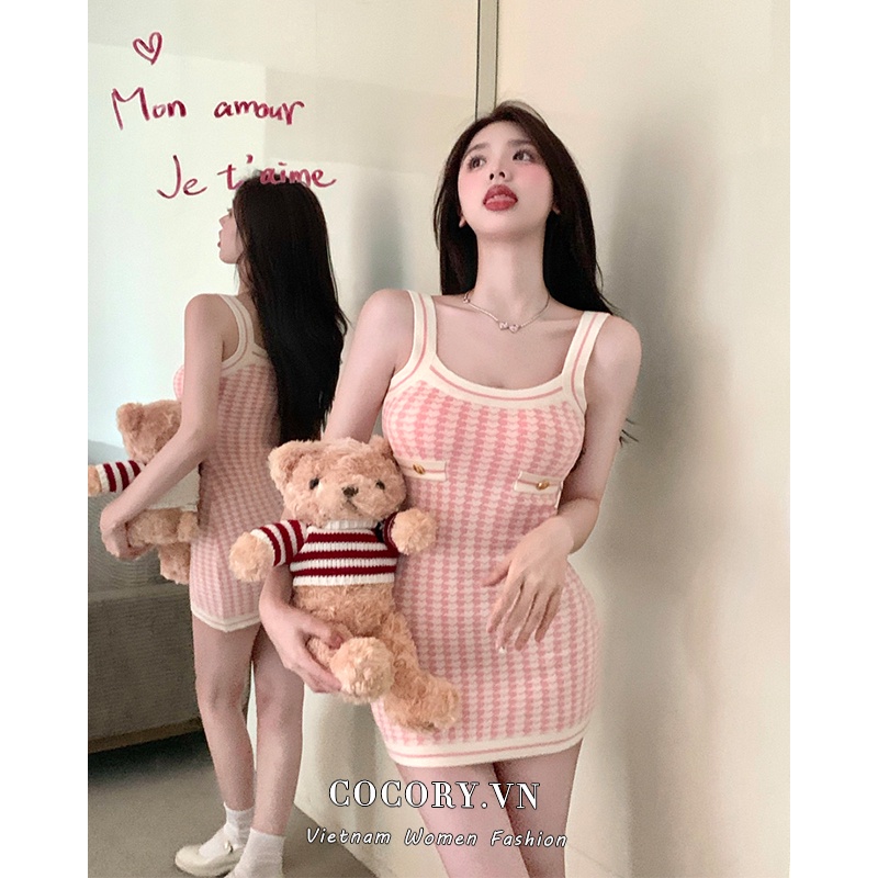 Cocory vn Đầm Ôm Hai Dây Họa Tiết houndstooth Quyến Rũ Dành Cho Nữ